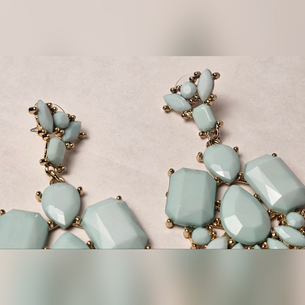 Dangle Earrings ■□ Gold Toned □■ Studded Blue Gem Stones - Picture 4 of 12